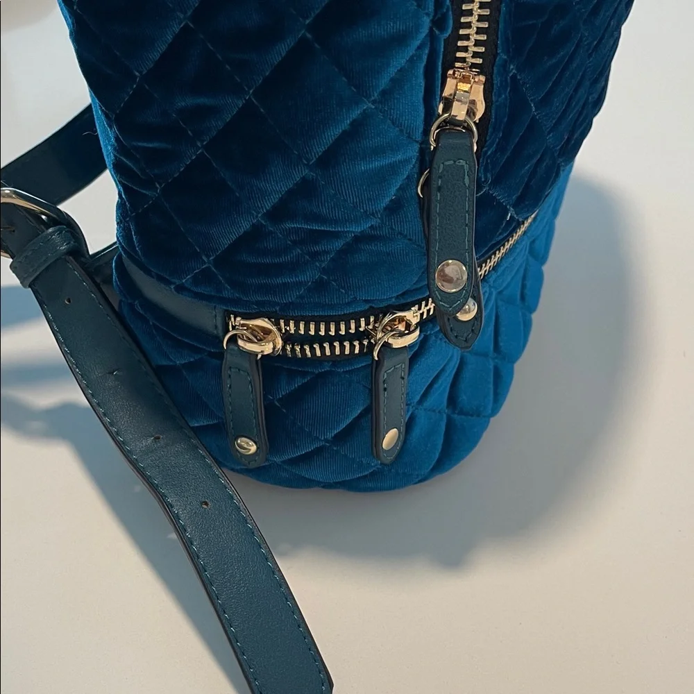 Royal Blue Velour Quilted Backpack with Gold Zipper Accents